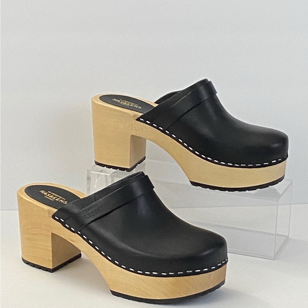 New Swedish Hasbeens Black and Tan Mules with Wooden Platform